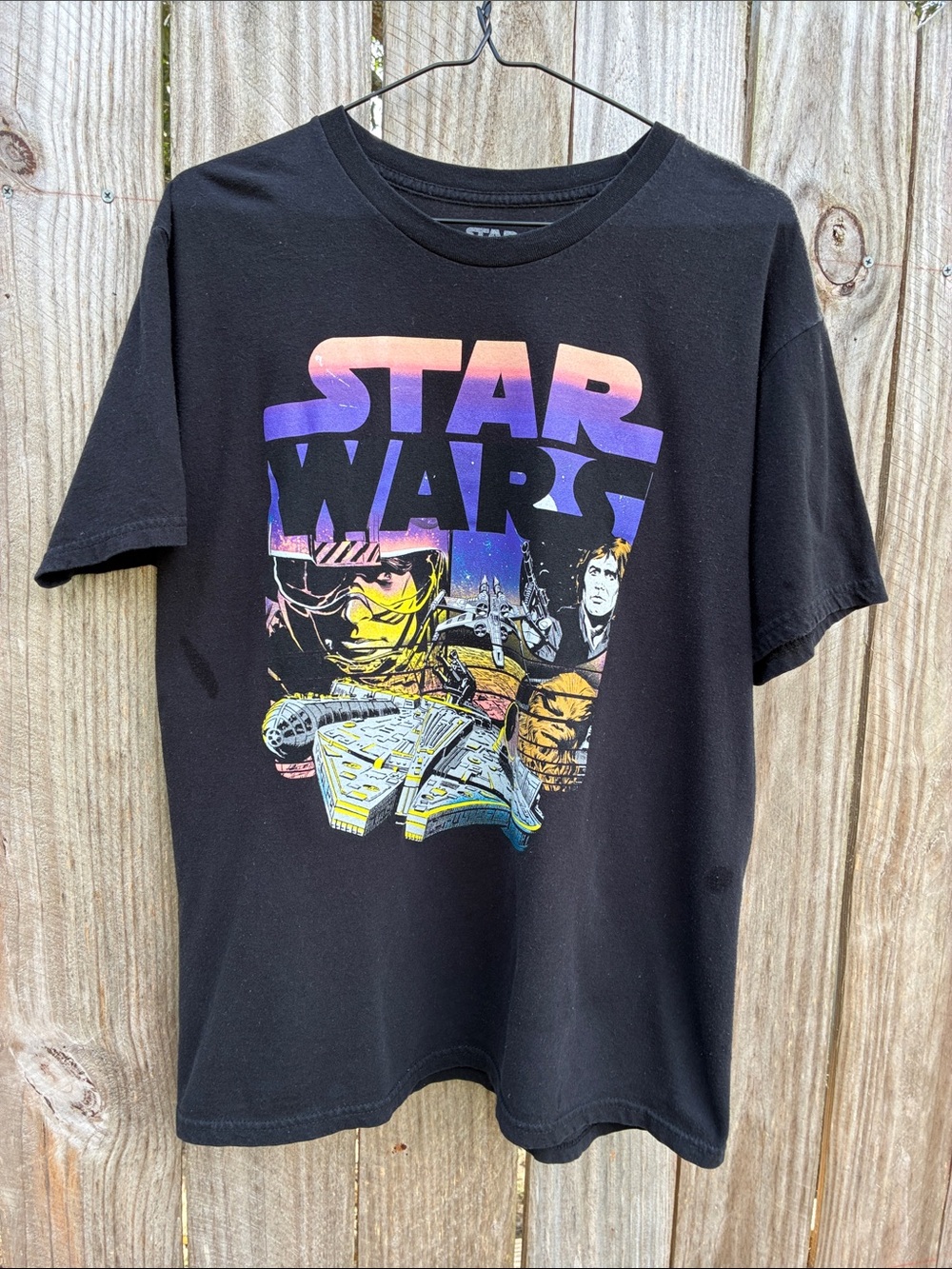 Star Wars Black Tee with Multicolor Retro Logo and Ship Graphic